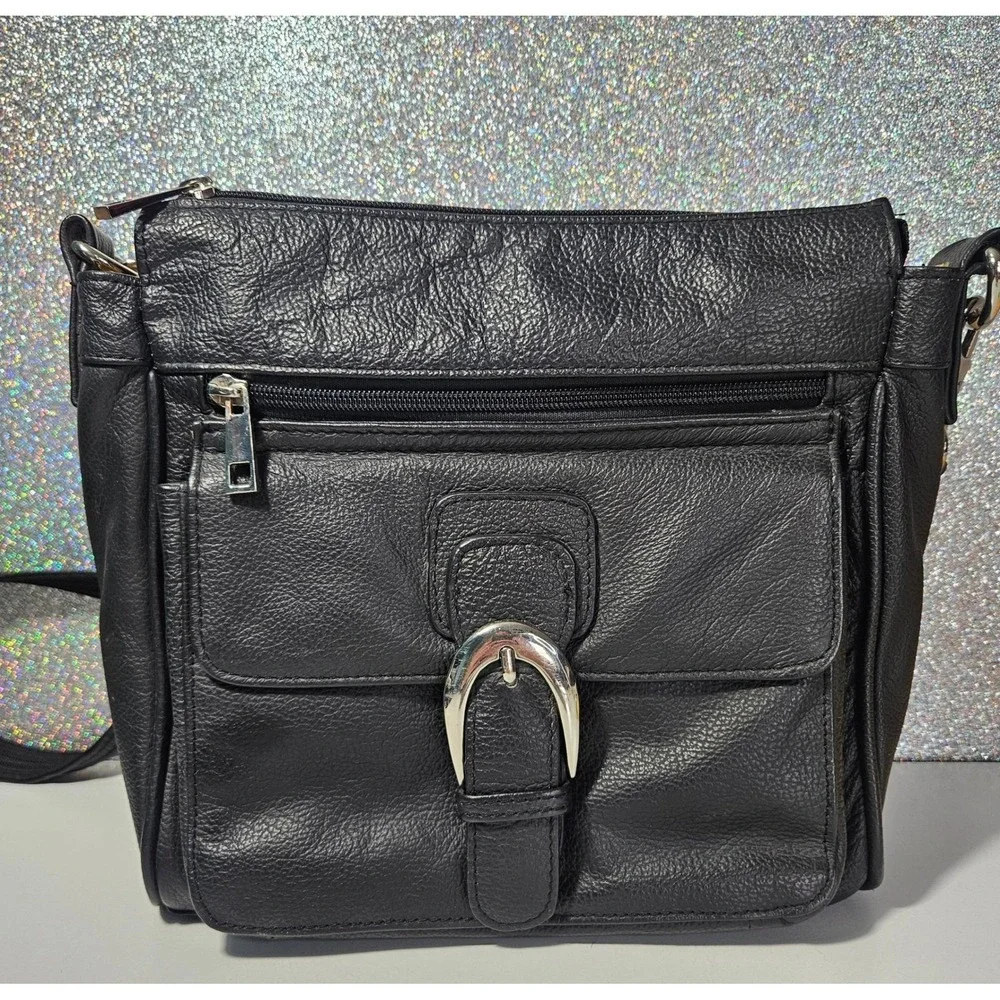 ROMA Leathers Concealed Carry Crossbody Bag, Black Pebbled Leather, No Key - Picture 2 of 10